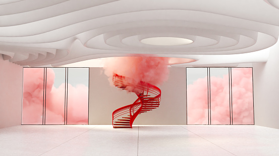 An empty room with a wavy ceiling and a red staircase surrounded by pink clouds