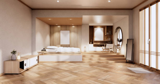 minimalistisches interieur-mock-up mit zen-bettpflanze und deko im japanischen schlafzimmer. 3d-rendering. - tatami matte stock-fotos und bilder