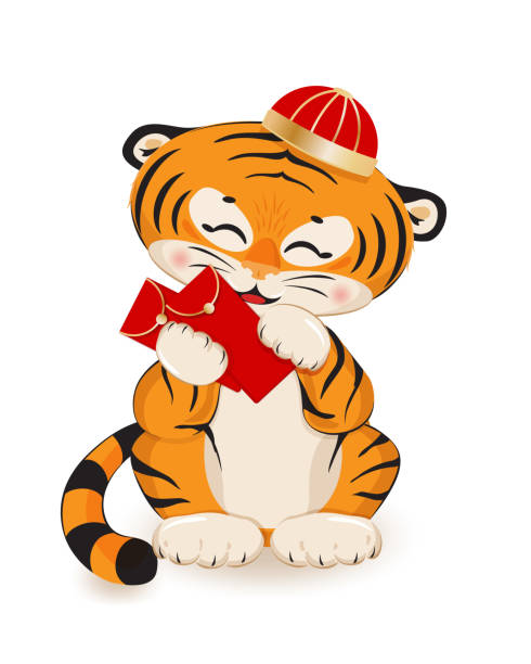 Cute cartoon tiger baby cub wearing Chinese hat holding red envelopes vector art illustration