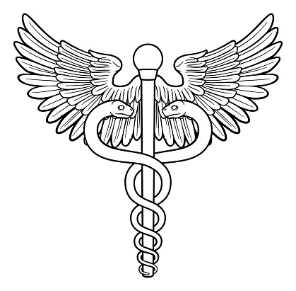 A caduceus, often used as a doctor medical symbol interchangeably with the Rod of Asclepius or Aesculapius. Features two snakes curled around a staff with wings.