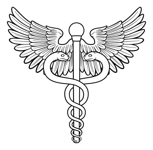 Caduceus Medical Doctor Symbol A caduceus, often used as a doctor medical symbol interchangeably with the Rod of Asclepius or Aesculapius. Features two snakes curled around a staff with wings. doctor logos stock illustrations