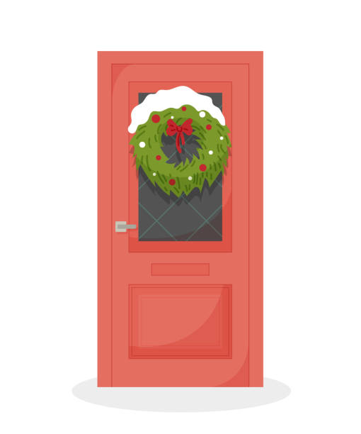 istock Red door with christmas wreath and snow isolated on a white background. Merry Christmas. 1354285851