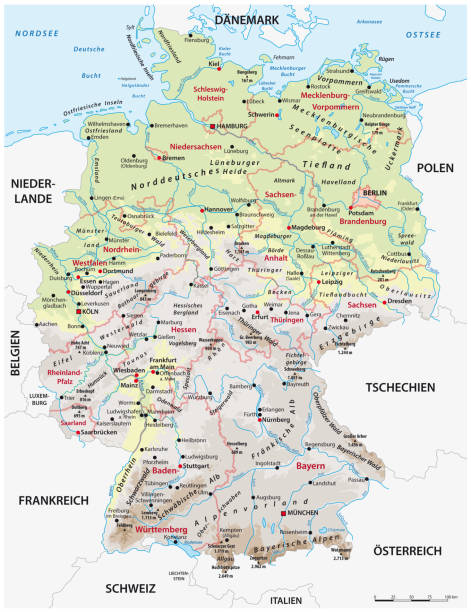 sehr detaillierte physische und administrative karte von deutschland mit deutscher beschriftung - map germany topographic map vector stock-grafiken, -clipart, -cartoons und -symbole