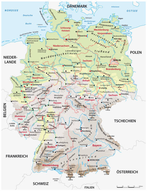 ilustraciones, imágenes clip art, dibujos animados e iconos de stock de mapa físico y administrativo muy detallado de alemania con etiquetado alemán - map germany topographic map vector