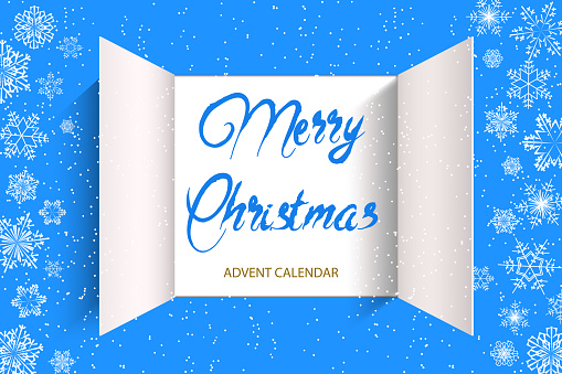 Christmas advent calendar door opening. Realistic an open wide doors with lettering on light blue background. Template to reveal a message. Merry Christmas poster concept. Festive vector illustration