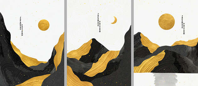 Vector graphic illustration. Abstract landscape. Mountains, hills. Japanese wavy linear pattern. Backgrounds collection. Asian style. Design for poster, book cover, web template, brochure. Gold paint