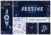 istock Set of Merry Christmas Greeting card and banner design templates with hand drawn branches and florals 1354290251
