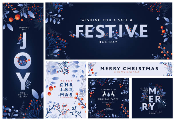Set of Merry Christmas Greeting card and banner design templates with hand drawn branches and florals Vector illustration of a set of Merry Christmas messages. Invitation card designs with blue and red branches and berries on a dark blue background. Horizontal, square and vertical compositions. Includes messages such as Merry Christmas and Happy New Year, Wishing you Joy this Holiday Season and Wishing you a Safe and Festive Holiday. Easy to customize. Download includes eps 10 and high resolution jpg. holiday card stock illustrations