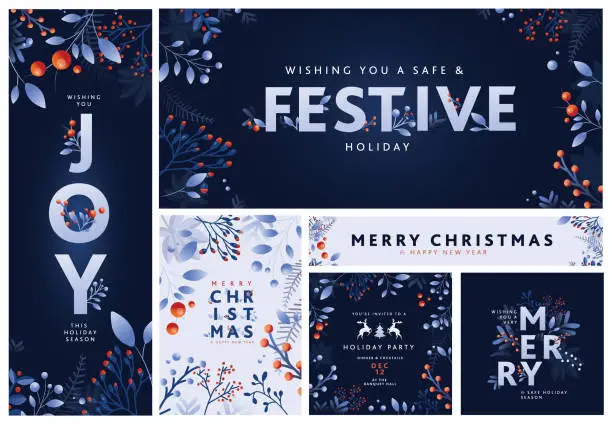 Vector illustration of Set of Merry Christmas Greeting card and banner design templates with hand drawn branches and florals