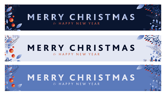 Vector illustration of a set of Merry Christmas greeting that reads Merry Christmas and Happy New Year. Invitation card design with blue and red branches and berries on a dark blue background. Easy to customize. Download includes eps 10 and high resolution jpg.