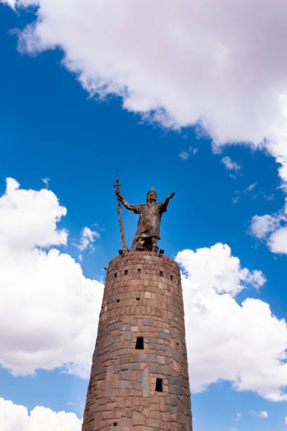 Cusco, Cusco - Peru - August 15th 2021: Image of a golden Inca's sculpture in a monument. Traditional icon in Cusco Peru.