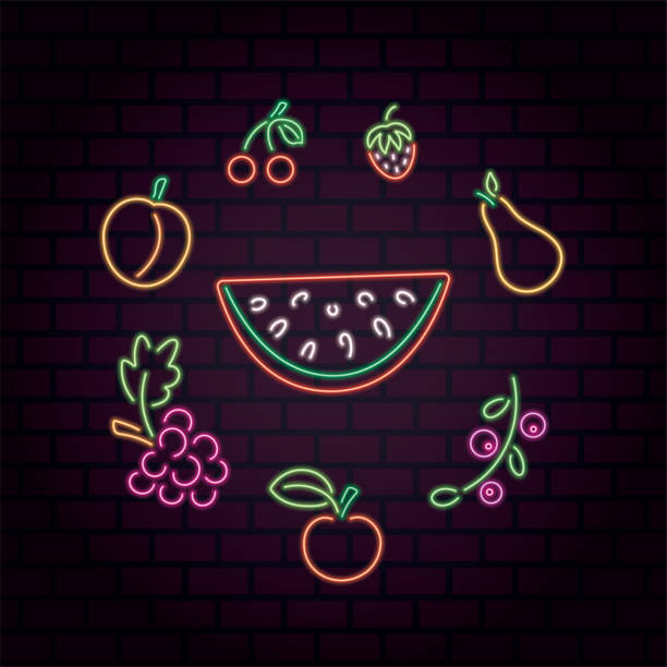 ilustraciones, imágenes clip art, dibujos animados e iconos de stock de brillante conjunto de neón de frutas y bayas. colección de iconos de verano - apple sign food silhouette