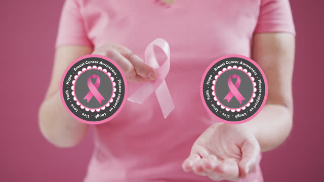 Breast cancer awareness text banner against mid section of woman holding a pink ribbon