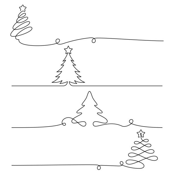 satz weihnachtsbäume im ein-linien-zeichenstil. - tannenbaum stock-grafiken, -clipart, -cartoons und -symbole