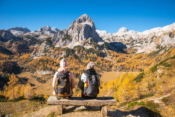 istock Female hikers on a bench in mountains 1354310353