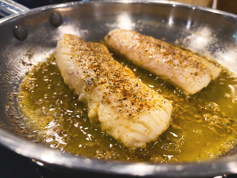 Food In Western Colorado Sautéd Cod Fish Fillets in Frying Pan Photo Series Matching 4K Video Available (Photos professionally retouched - Lightroom / Photoshop - downsampled as needed for clarity and select focus used for dramatic effect)