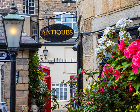 Harrogate, UK - August 30th 2021: A beautiful courtyard off of Montpellier Mews in the historic spa town of Harrogate in North Yorkshire, UK.