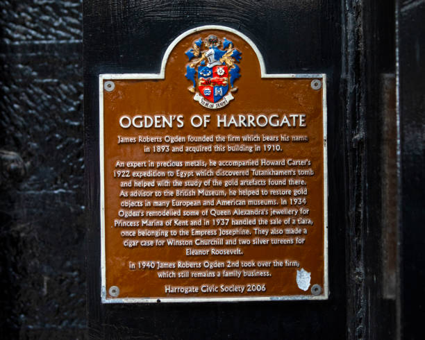 Ogdens of Harrogate Plaque in the town of Harrogate, North Yorkshire Harrogate, UK - August 30th 2021: A plaque marking the location and detailing the history of Ogdens of Harrogate, in the historic spa town of Harrogate in North Yorkshire, UK. howard carter stock pictures, royalty-free photos & images