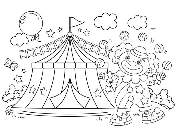 illustrations, cliparts, dessins animés et icônes de coloriage contour de clown de dessin animé avec des boules colorées. cirque. livre de coloriage pour les enfants. - entertainment clown child circus