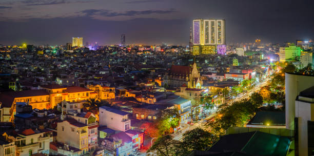 Hai Phong Oct 2018 City skyline by night look from 40 m  height at Lach Tray Street All around my home town haiphong province photos stock pictures, royalty-free photos & images
