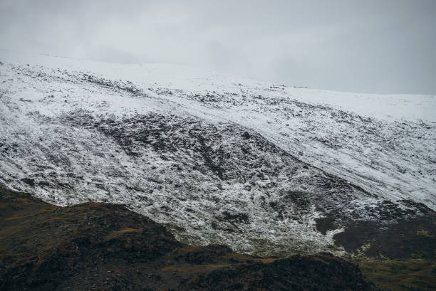 istock Minimalist highlands landscape with snow-capped mountains under cloudy sky. Snowbound high mountain range in overcast weather. Atmospheric minimalism with green mountains, white snow and gray sky. 1354316536