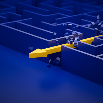 3d rendering: Concept - solving a complex problem. Brute force method: breaking through the brick wall. Blue maze and floor with yellow solution path with arrow.