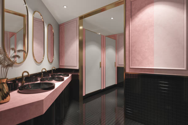 commercial luxury restroom in pastel colors - urinal clean contemporary in a row imagens e fotografias de stock