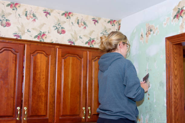 Kitchen Remodel Young Woman Scraping Wallpaper