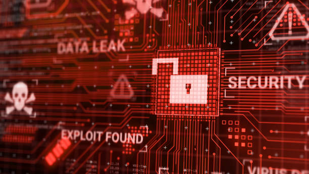 Hacker attack computer hardware microchip while process data Hacker attack computer hardware microchip while process data through internet network, 3d rendering insecure Cyber Security exploit database breach concept, virus malware unlock warning screen computer crime stock pictures, royalty-free photos & images