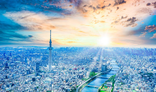 aerial view of downtown tokyo - tokyo prefecture tokyo tower japan cityscape imagens e fotografias de stock