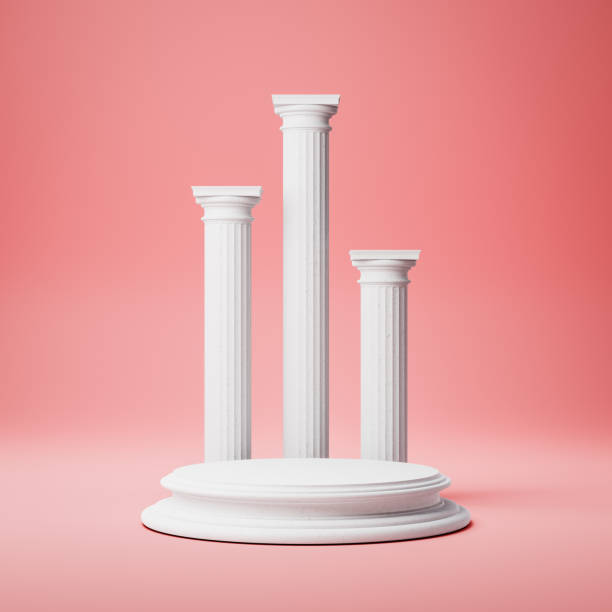 istock White Rounded Product Display Podium with Ancient Columns on Red Background 1354328159
