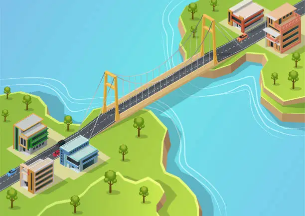 Vector illustration of Islands with buildings connected by bridges