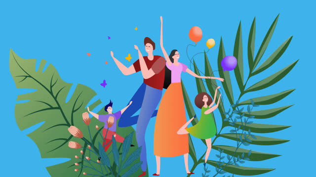 Animation of illustration of happy family dancing with balloons, with leaves on blue background