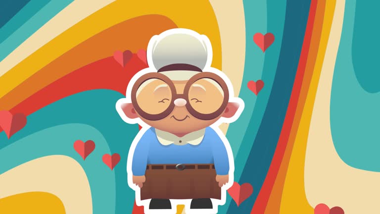 Animation of illustration of happy senior woman in glasses, with hearts, on colourful curved stripes