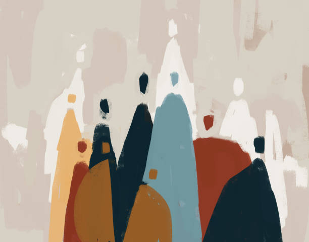 istock Calm group of abstract people with symbolic shape together, mix-media concept art, graffiti painting and mix media. Aesthetic gouache painting with deep color. Painting for wall art 1354346209
