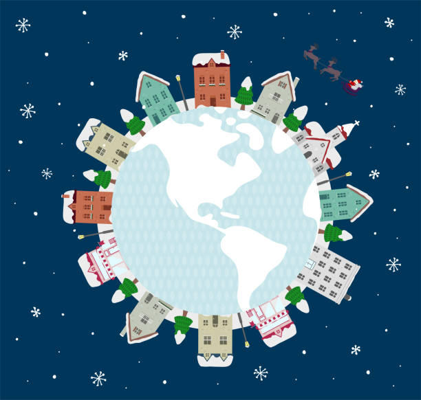 circular winter townscape vector  illustration (earth) - 地球 stock illustrations