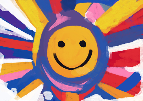 Happy smiley with colored lines all around, rainbow and color explosion, mix-media illustration, happiness and joy. Funny painting with Bright color. Painting for print
