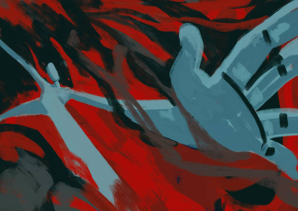 istock Spooky Person runs in the red flame and smoke. Illustration with perspective distortion, illustration, modern painting. Aesthetic oil painting with harmonious color. Illustration for print 1354348067