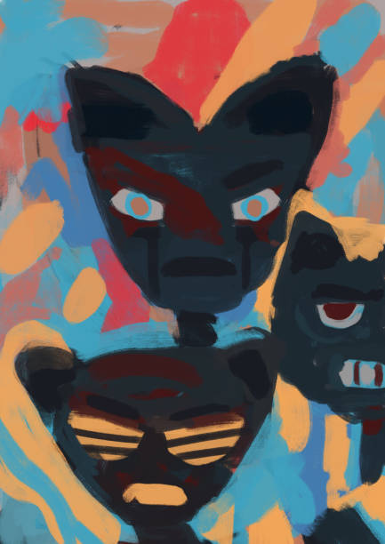 istock Exciting cat humanoid portrait, funny and weird expressionism art, concept, modern painting and graffiti. Artistic oil painting with vibrant color. Painting for poster 1354348828