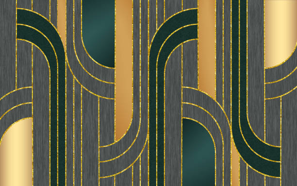 istock 3d modern mural wallpape. Golden lines in dark background. 1354350481