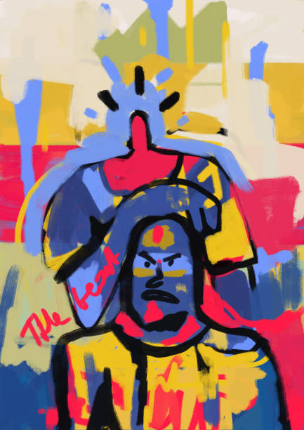 istock Absurd character in thick black line and a character in portrait not happy, blue and full of color, street art and 80s graffiti. Inventive oil painting with strong color. Painting for wall art 1354351417