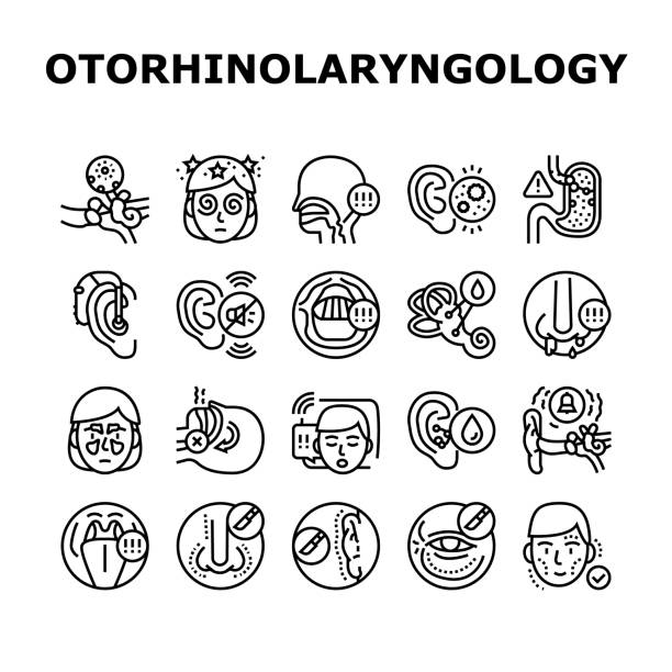 illustrazioni stock, clip art, cartoni animati e icone di tendenza di otorinolaringoiatria trattamento icone set vector - dysphagia