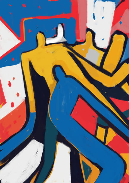 istock Lovely People together with silhouette and human shape inspired by Mondrian and Kandinsky art, artwork, neoplastic art and people. Exciting oil painting with vibrant color. Illustration for print 1354352210