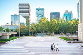 general view of women walking. Park and skyscrapers in background