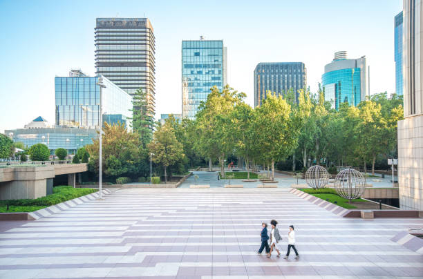 general view of women walking. park and skyscrapers in background - colleague horizontal business construction imagens e fotografias de stock