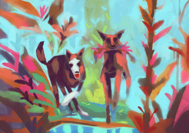spokojne szczęśliwe psy w bujnym różowym lesie bawią się i biegają razem, ilustracja mix-media, artystyczne malowanie. szczęśliwy obraz akrylowy z bogatym i kolorowym. ilustracja do plakatu - painted image illustration and painting expressionism tree stock illustrations