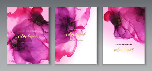 Marble Modern texture in blue color. Alcohol ink splash with isolated gold foil dots. Trendy pastel poster design. Liquid flow art Vector Marble Modern texture in pink purple color. Alcohol ink splash with gold foil dots. Trendy pastel poster design. Liquid flow art. Magenta flower. Menu, invitation, wedding card design floral patterns stock illustrations