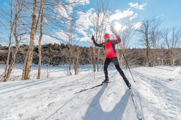 マンクロスカントリースケートスキースタイル - ノルディックスキー森の中で。美しい自然の風景でクロスカントリースキーの雪の中で楽しい持久力冬のスポーツ活動をしている冬の男 - mens cross country skiing ストックフォトと画像