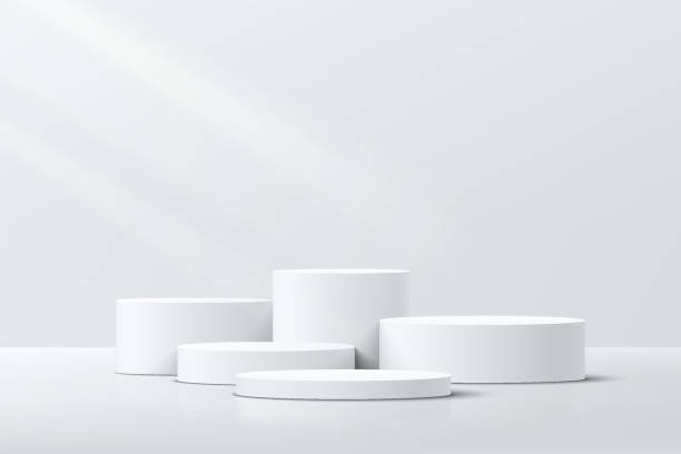 ilustrații de stoc cu alb realist cilindru 3d trepte piedestal podium set cu umbra si iluminare. cameră de studio abstractă vectorială cu design geometric al platformei. scenă minimă gri pentru vitrina produselor, afișare promoțională. - demonstrare