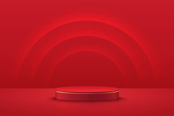 istock Red realistic 3D cylinder pedestal podium with glowing light semi circle backdrop. Red minimal wall scene for products showcase, Promotion display. Vector abstract studio room with geometric platform. 1354363072